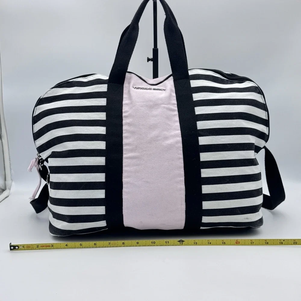 Victorias Secret Overnight Duffle Bag Weekend Tote VS Pink Black Stripe Crossbod